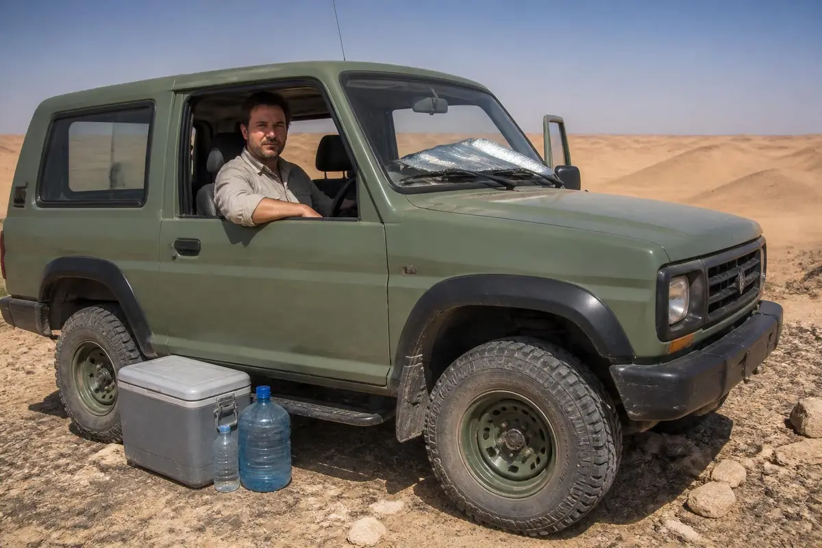Illustrative: interior view of a truck cab in desert heat with sunshade