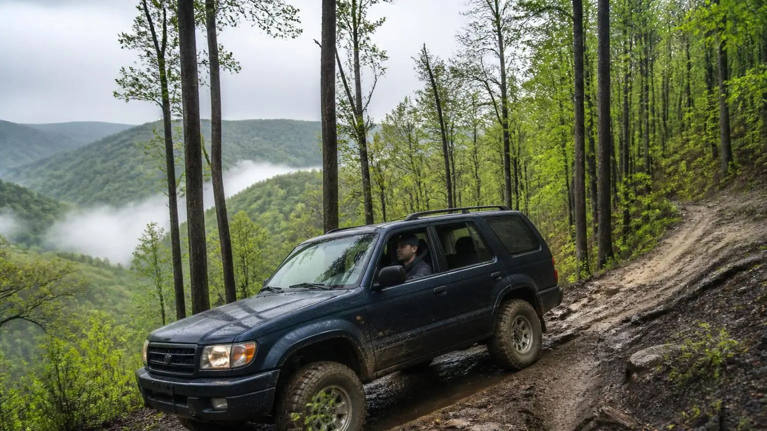 Illustrative: a 4WD climbing a muddy wooded ridge trail in Appalachia