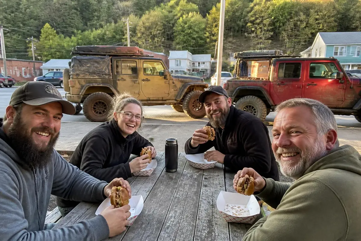Illustrative: friends eating at a picnic table in a small mountain town
