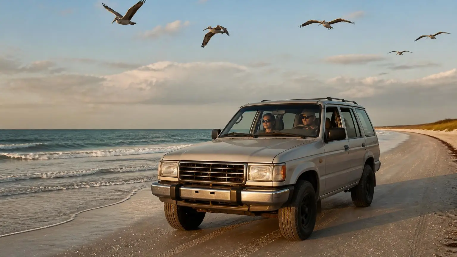 Illustrative: a 4WD driving along the firm sand at the edge of the surf