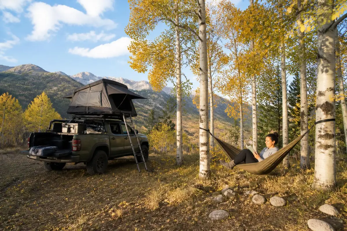 Illustrative: dispersed campsite among aspens with a rooftop tent