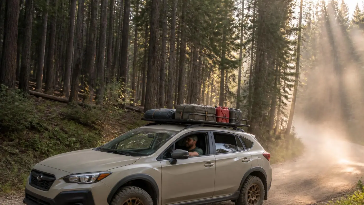 Illustrative: overland rig on a multi-day backcountry route through forest