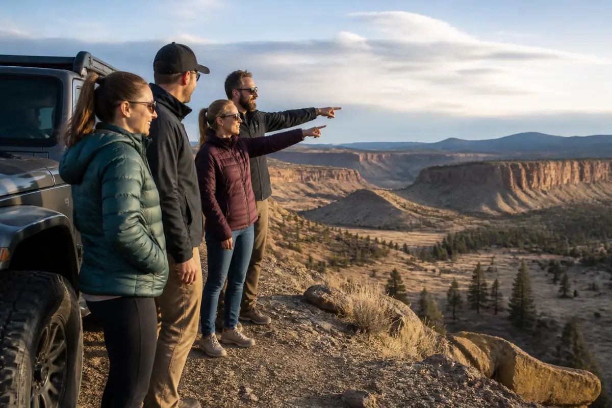 Illustrative: riders and drivers stopped at a scenic overlook