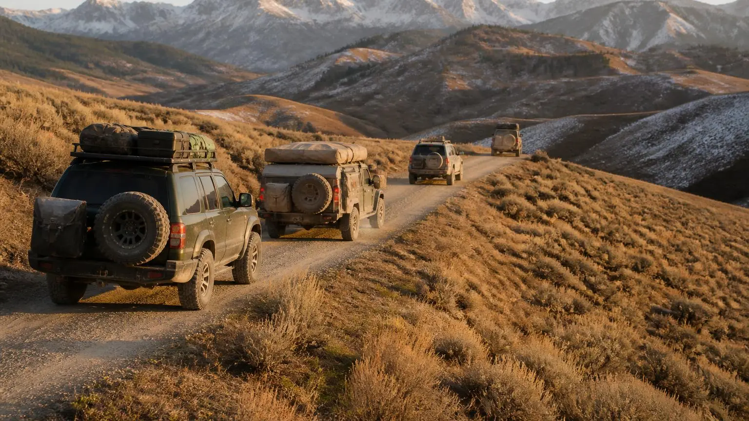 Illustrative: convoy of overland rigs on a remote mountain route