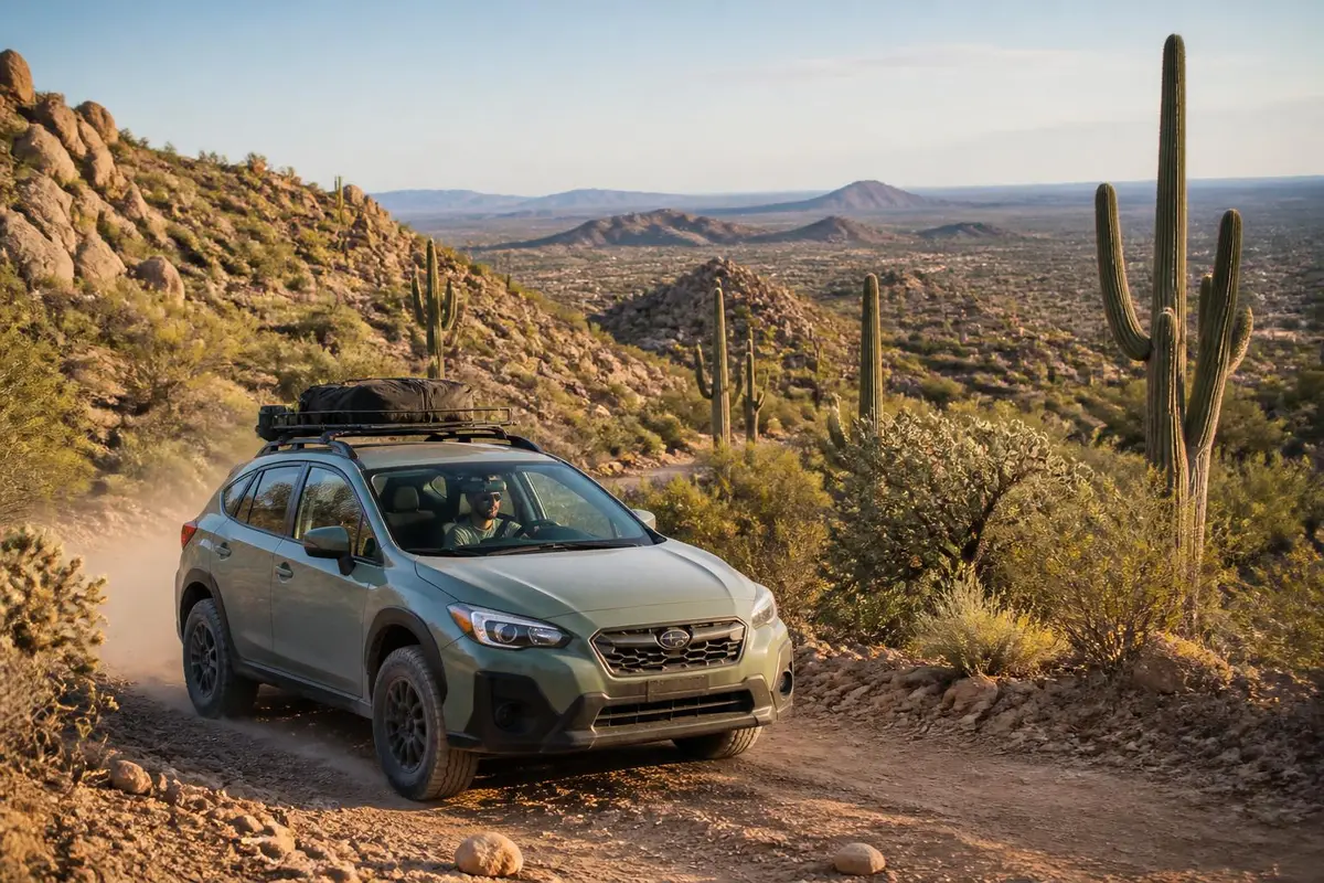 Illustrative: a 4WD on a sandy desert route through saguaros