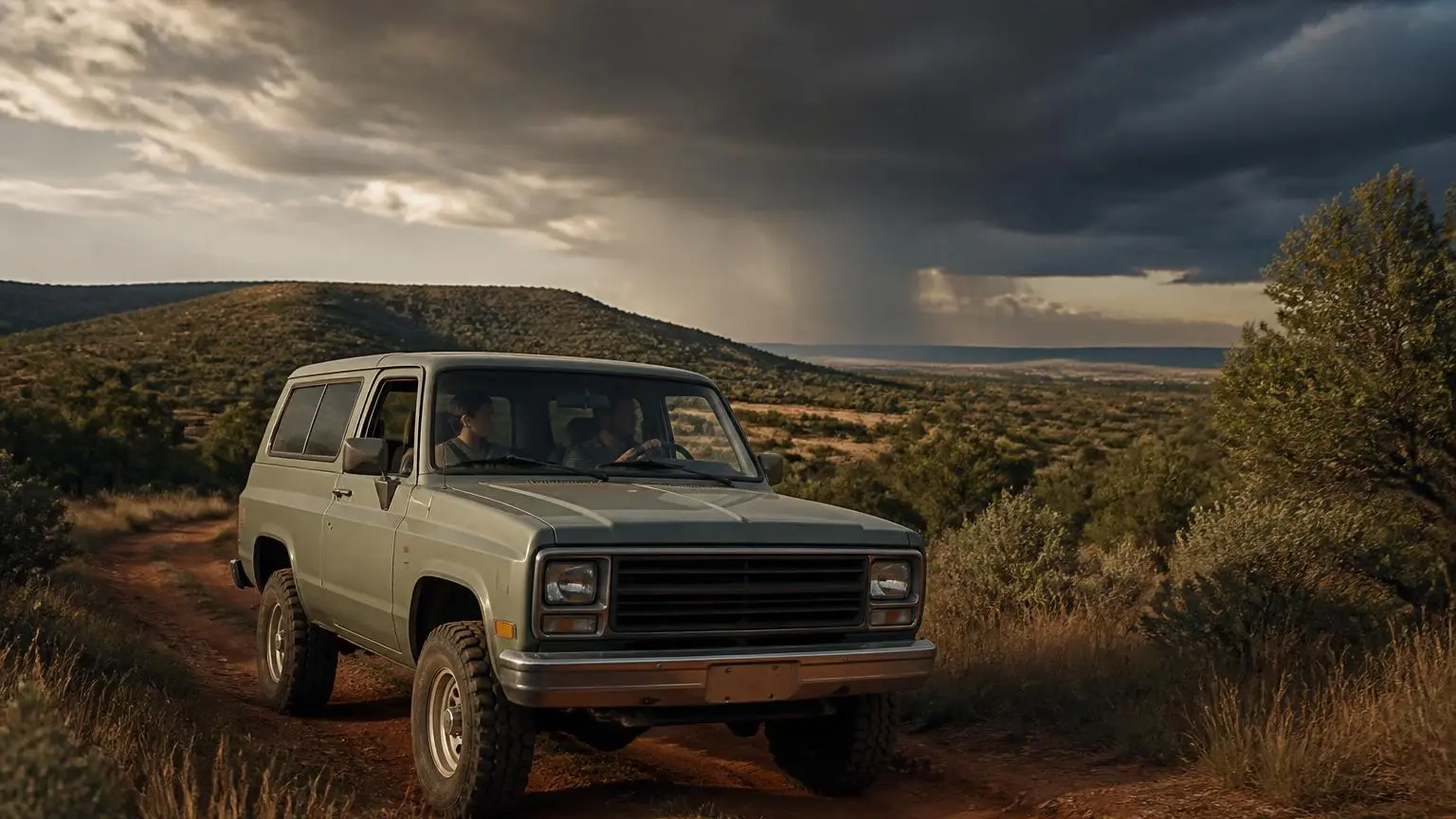 Illustrative: 4WD on a red dirt road with a state-line landscape