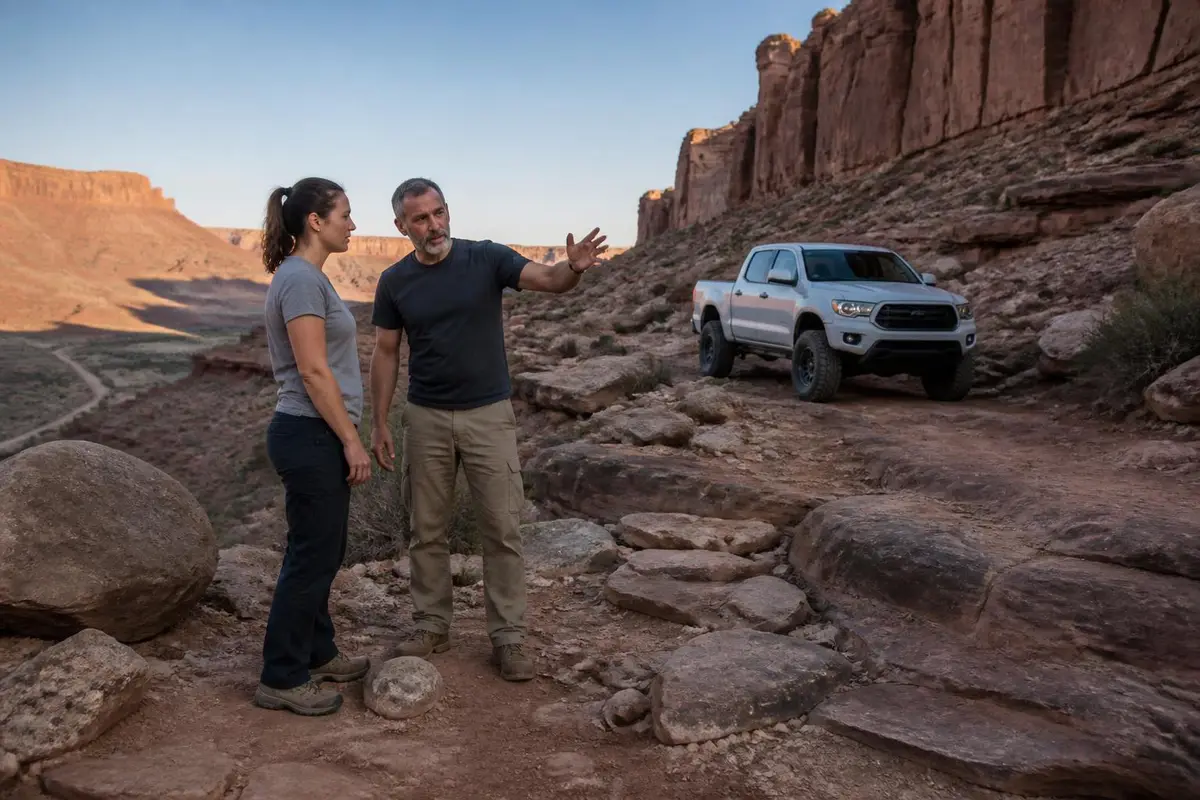 Illustrative: driver and spotter reviewing a rocky ledge