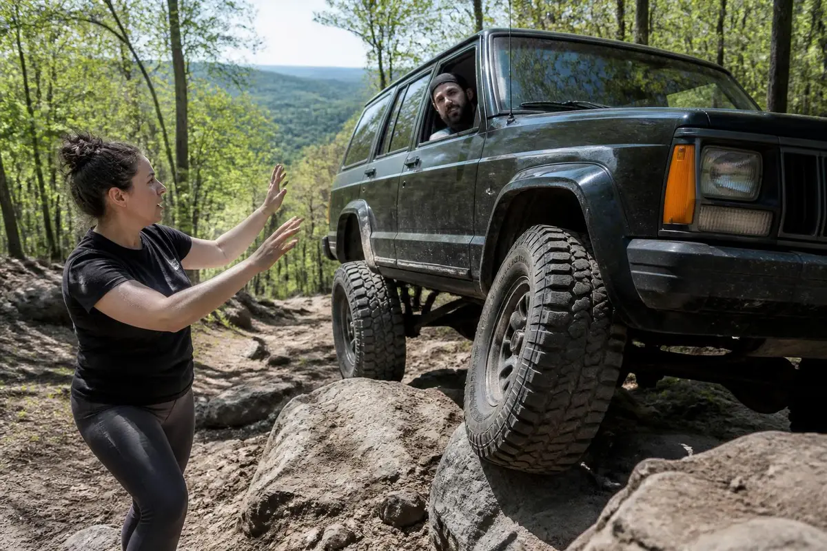 Illustrative: spotter guiding a rig through a rocky climb