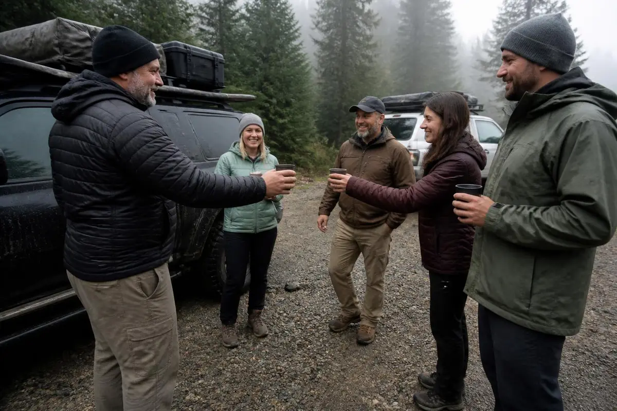 Illustrative: group of friends at a trailhead kiosk area