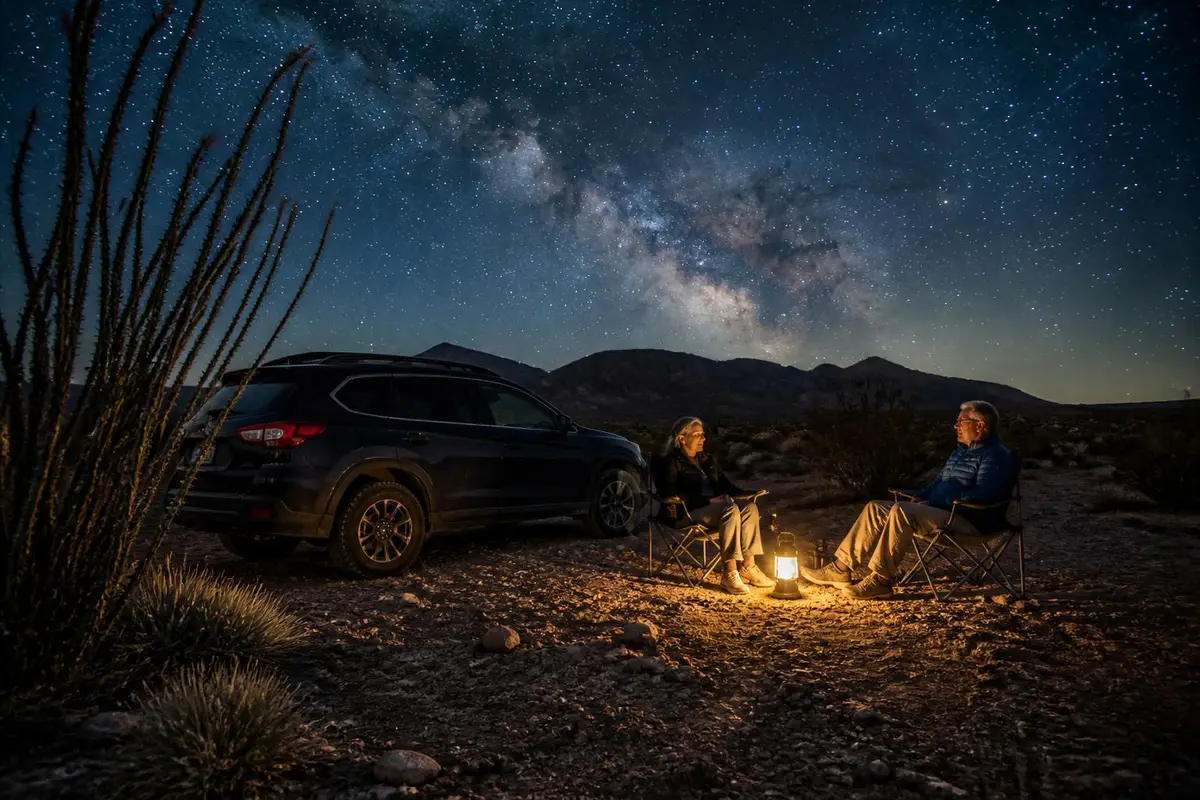 Illustrative: desert camp under a starry sky