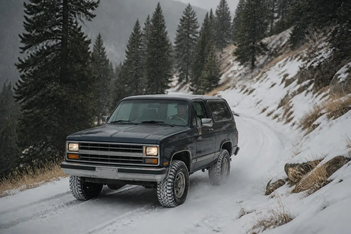 Older 4x4 driving a snowy mountain track