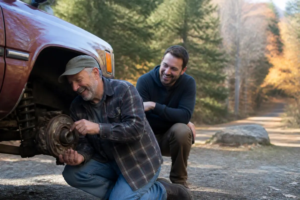 Father teaching son about hubs at a trailhead