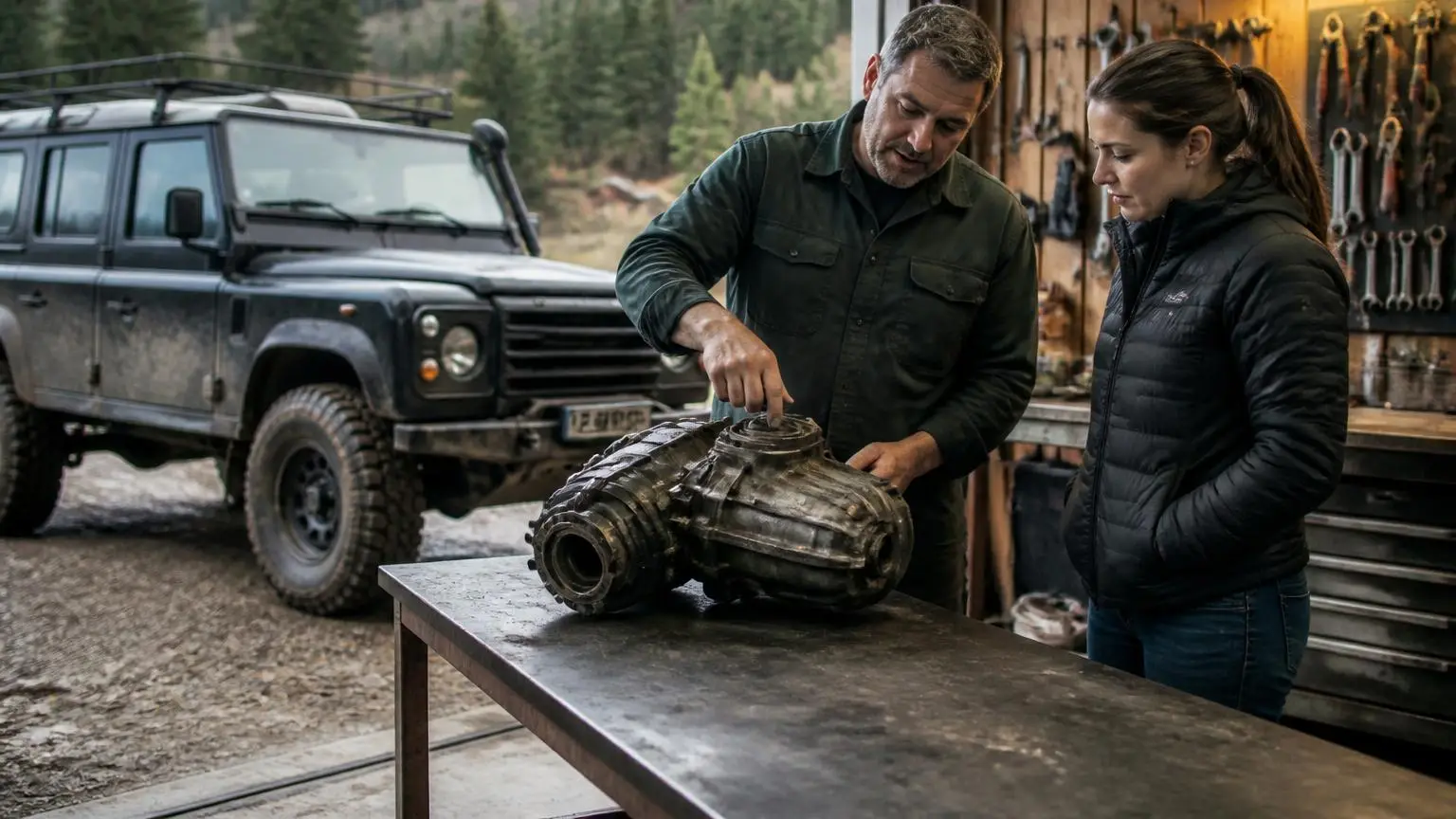 Mechanic examining a transfer case on a workbench