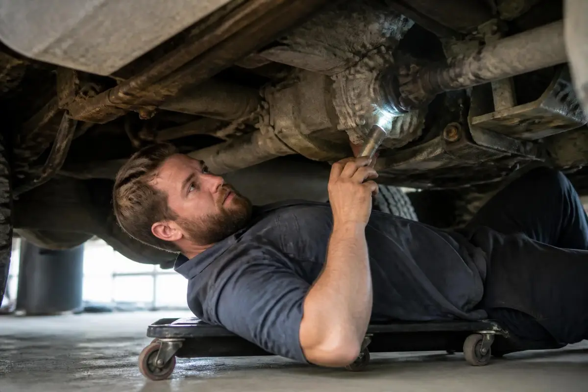 Technician checking for leaks under a truck