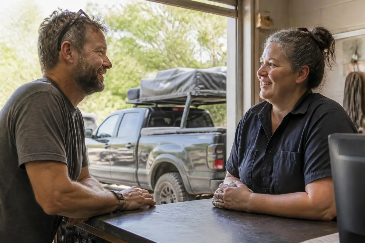 Owner and mechanic talking at a service counter