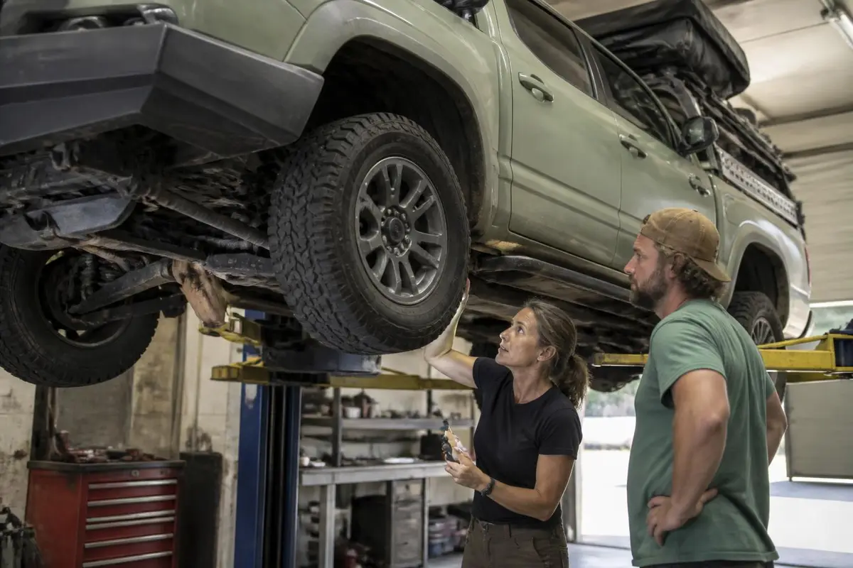 Mechanic inspecting a transfer case on a hoist