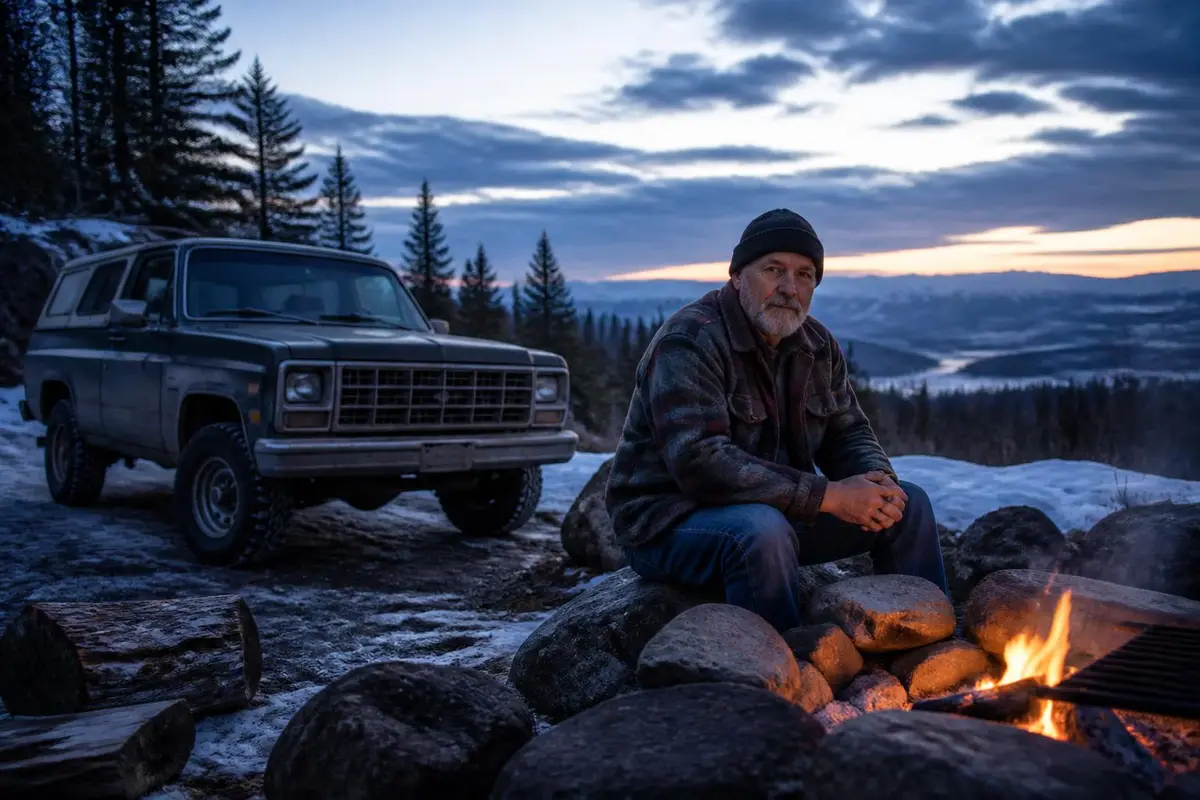 Older 4x4 parked at a snowy camp