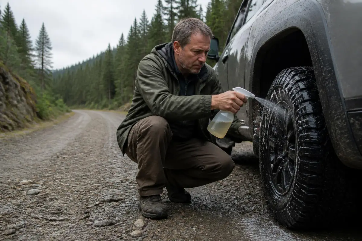 Man spraying soapy water on a tire to find a leak