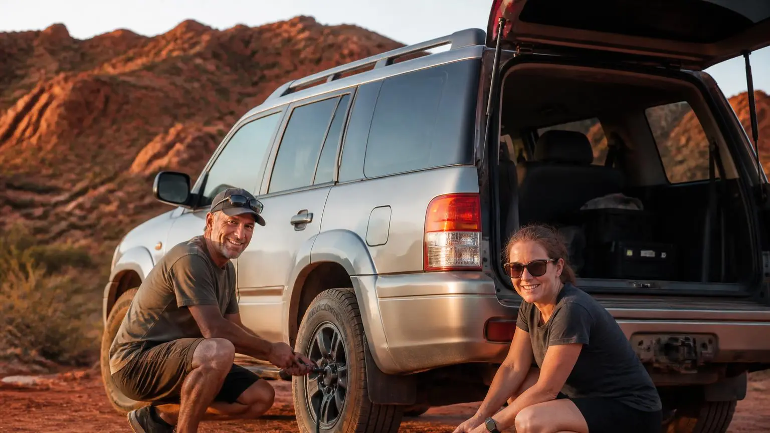 Couple airing up tires with a portable compressor at a trailhead