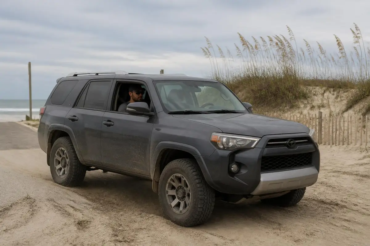 A 4WD driving onto a beach after airing down