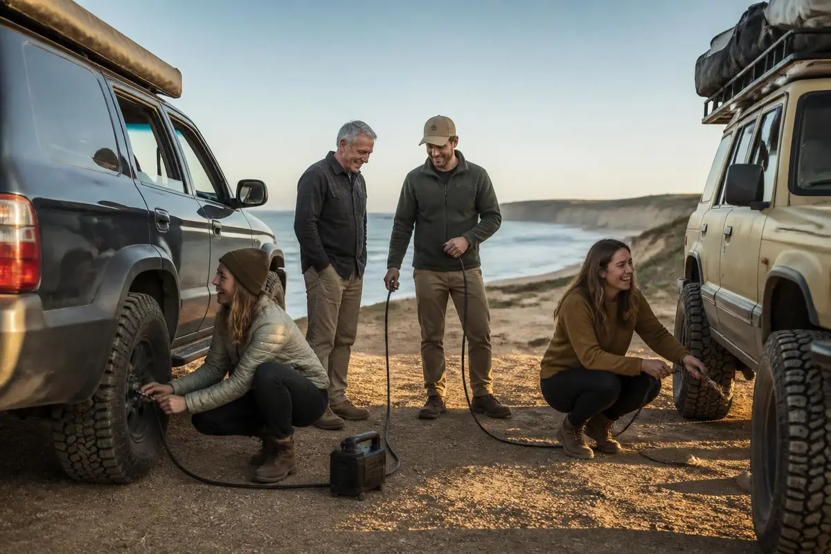 Group airing up tires together after a beach day