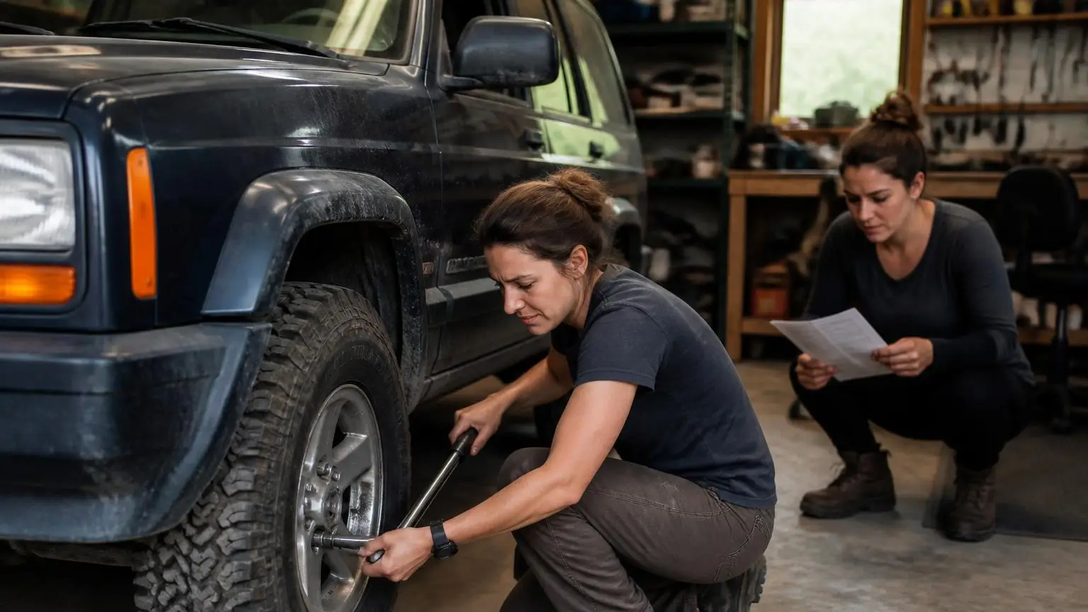 Owner torquing lug nuts on a wheel with spacers