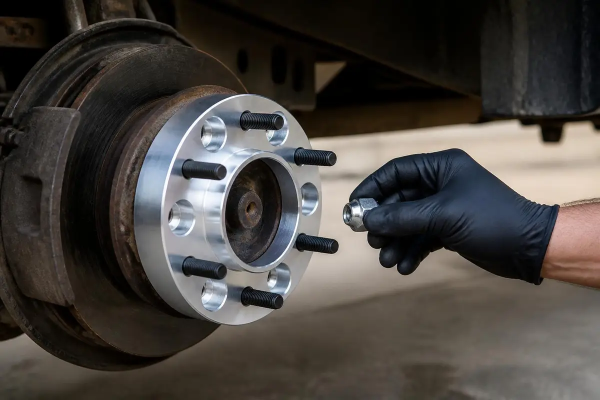 Close view of a hub-centric wheel spacer on a hub