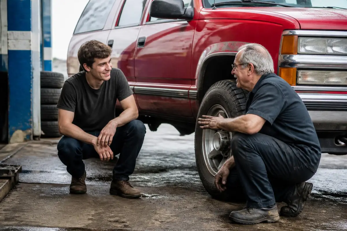 Owner and mechanic talking beside a lifted truck