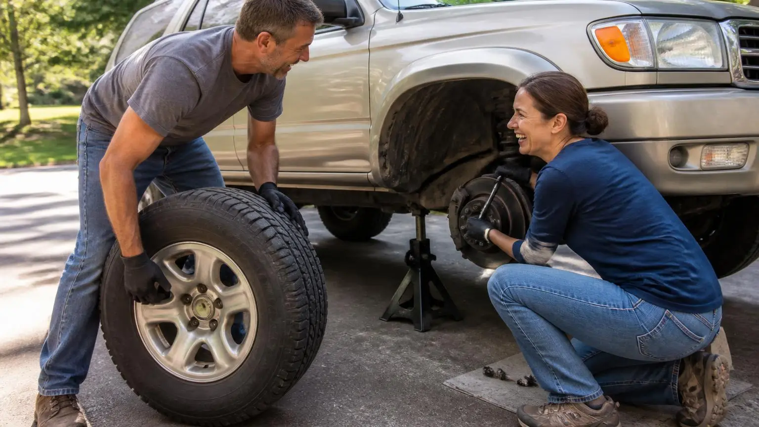 Couple rotating tires on a truck in the driveway