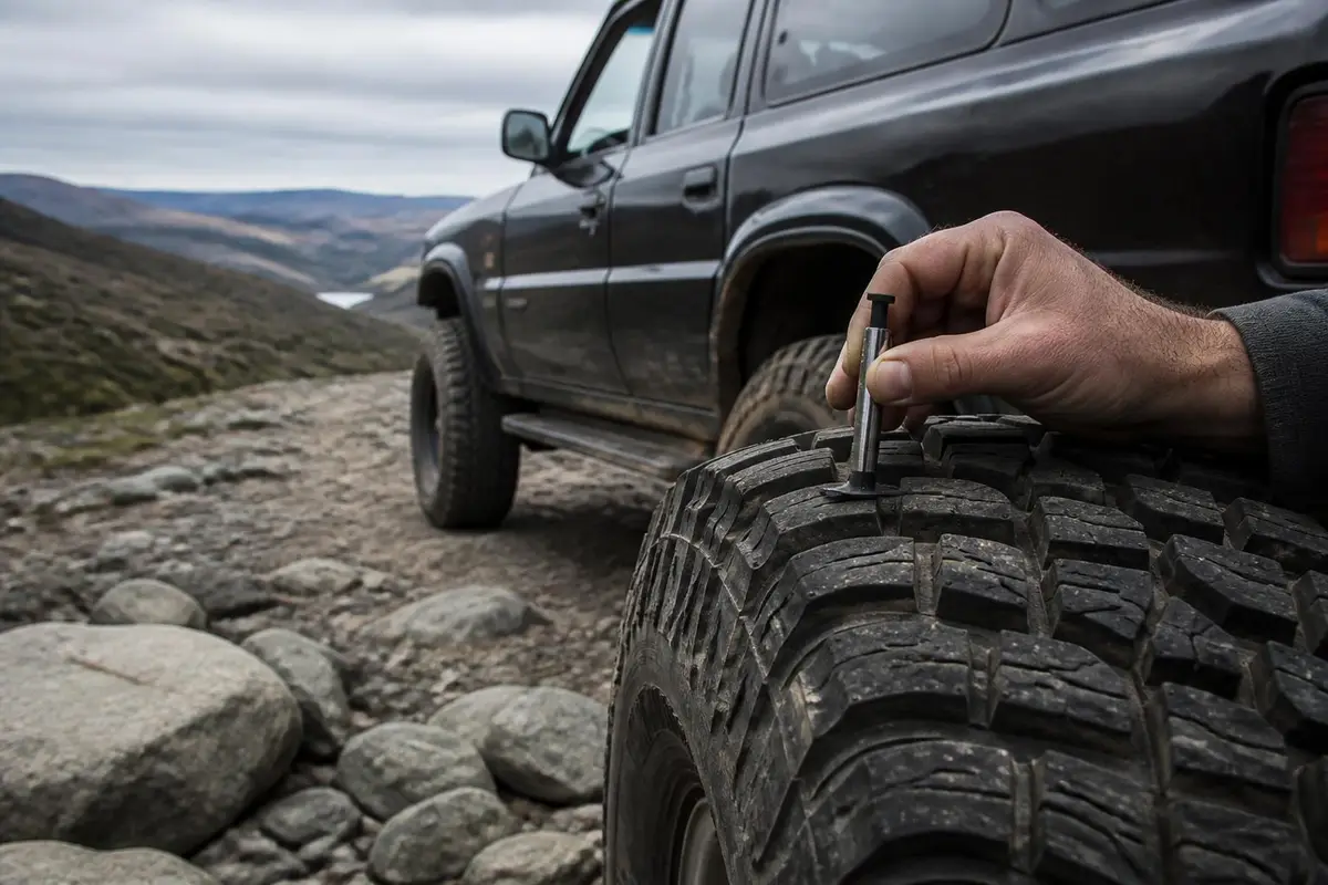 Tread depth gauge pressed into a tire