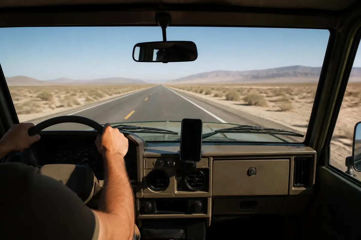 Dash view with phone GPS and speedometer on a highway