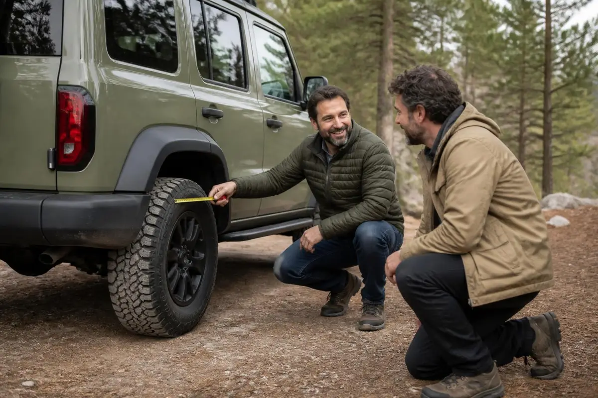 Friends comparing front and rear tire heights at a trailhead