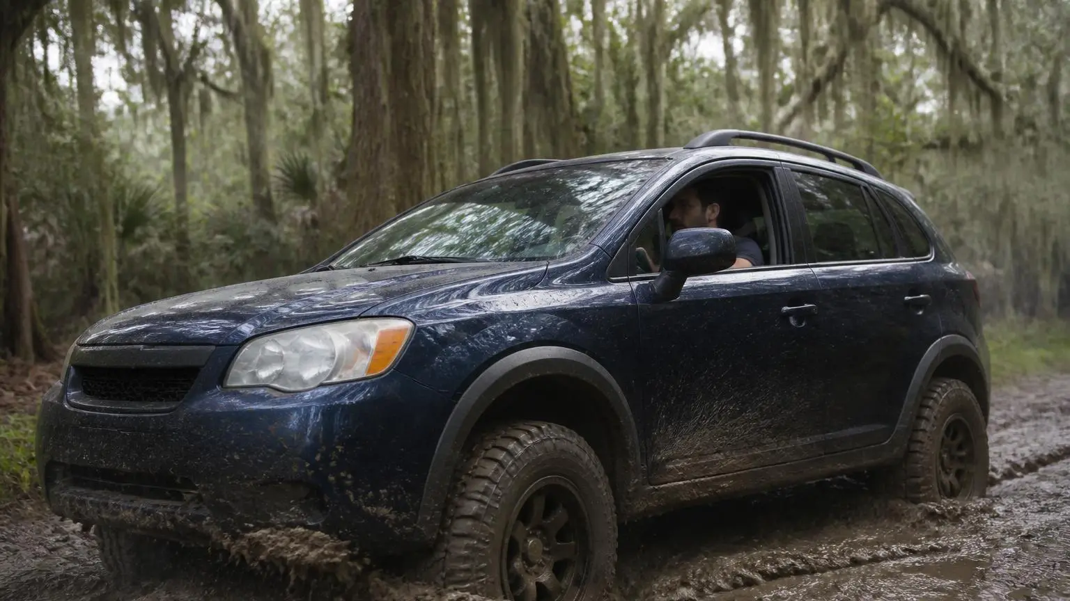 A 4WD on mud-terrain tires churning through a muddy forest track