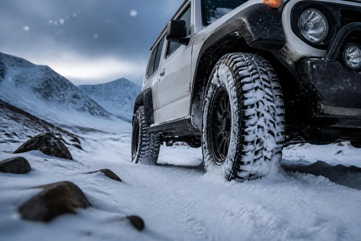 All-terrain tires gripping a snowy road