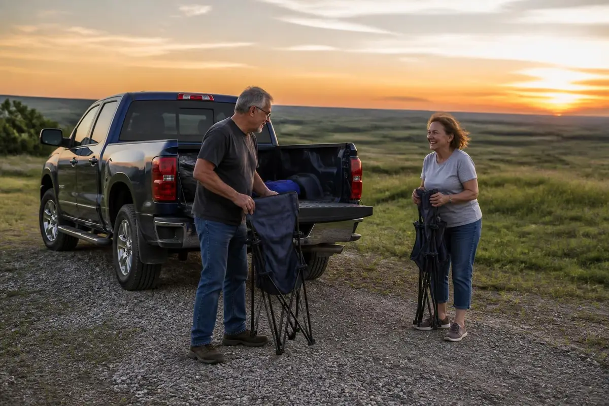 Road-trip camp with a highway-worn rig