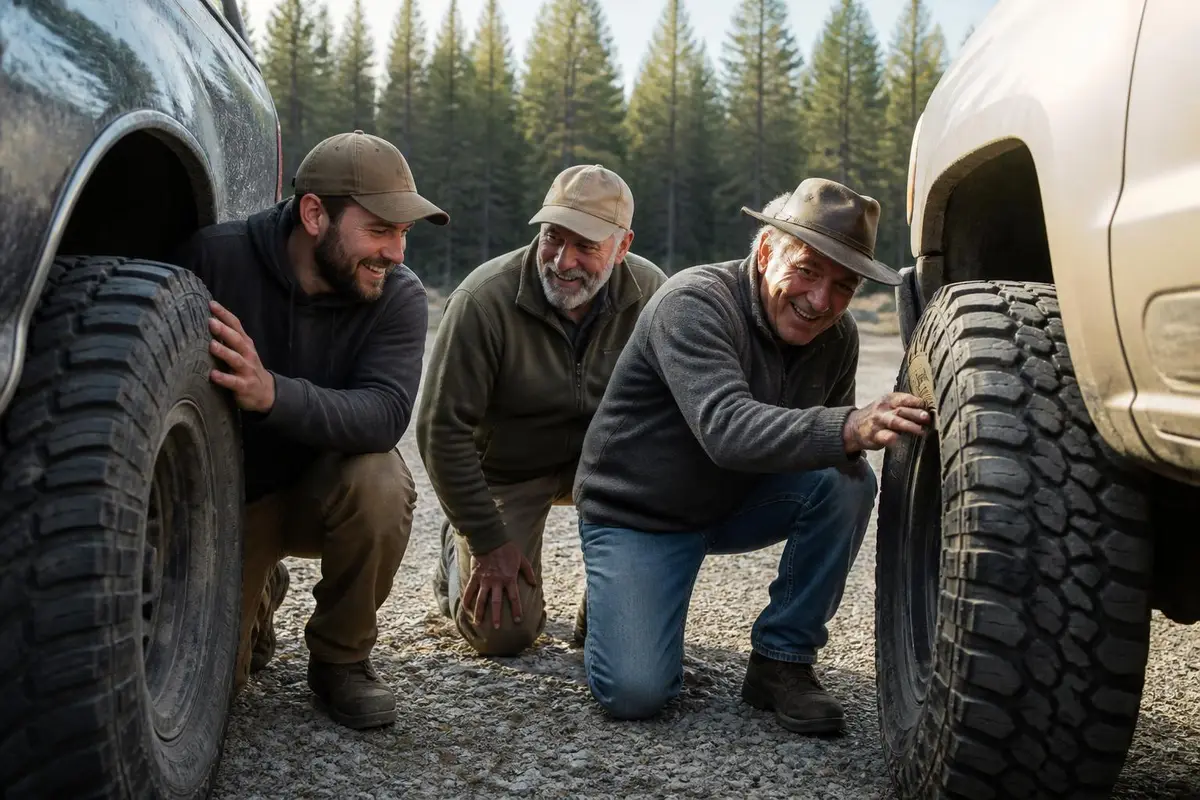 Owners comparing tread patterns at a meetup