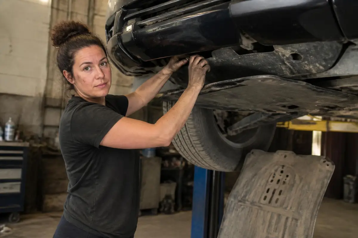 Mechanic removing a plastic splash guard
