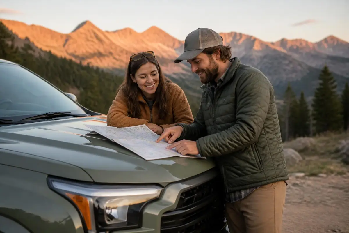 Couple planning the next trail over the hood