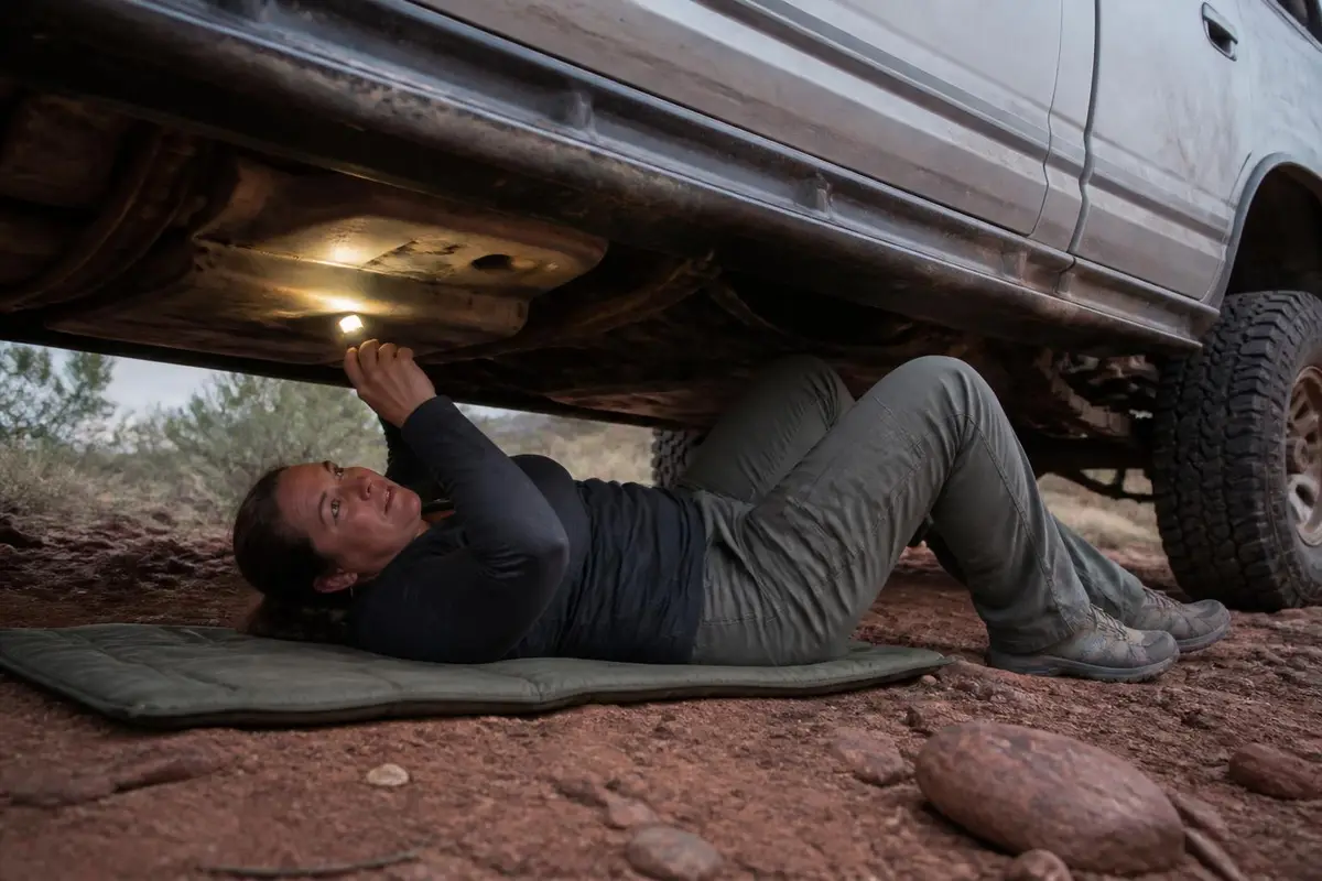 Owner looking under a truck at skid plates on the trail