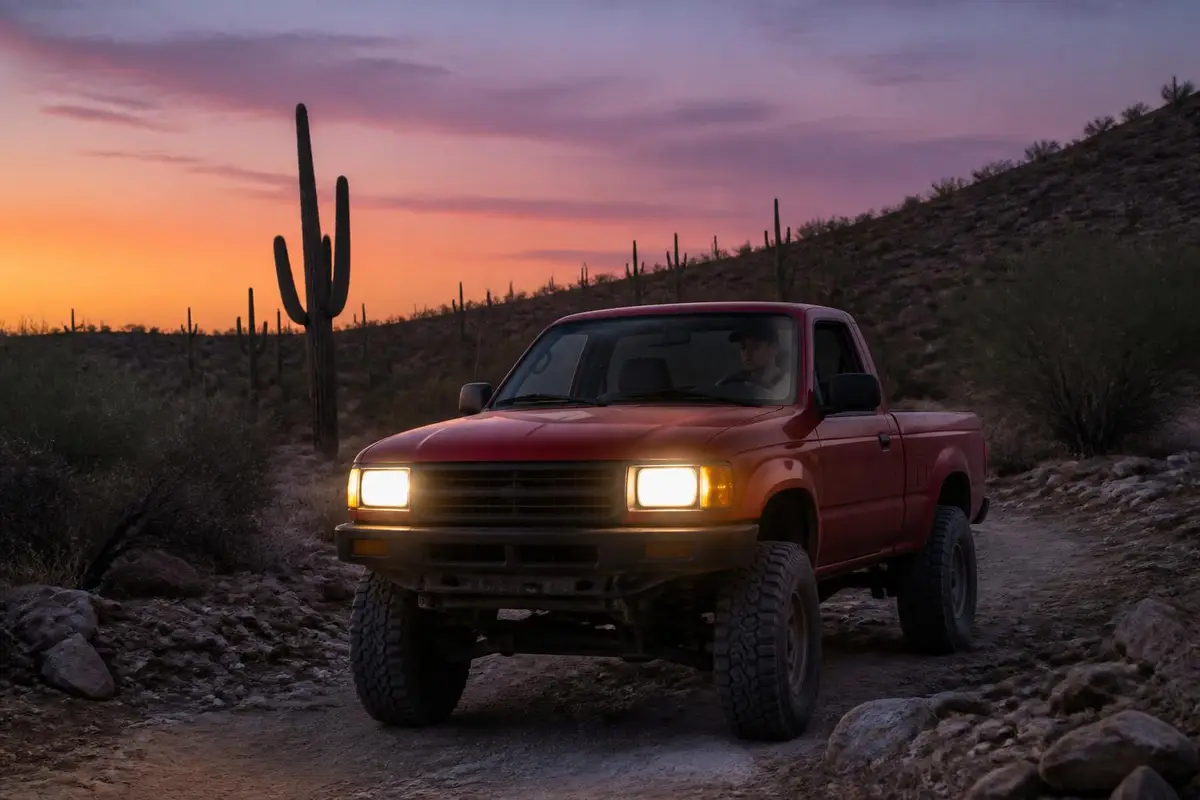 Mid-size pickup on a desert trail at dusk