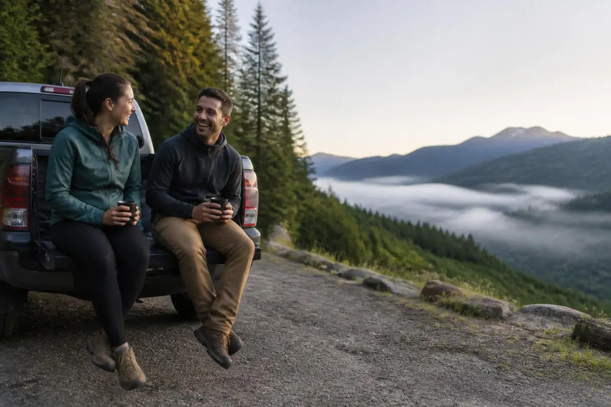 Friends sharing coffee on a tailgate at dawn