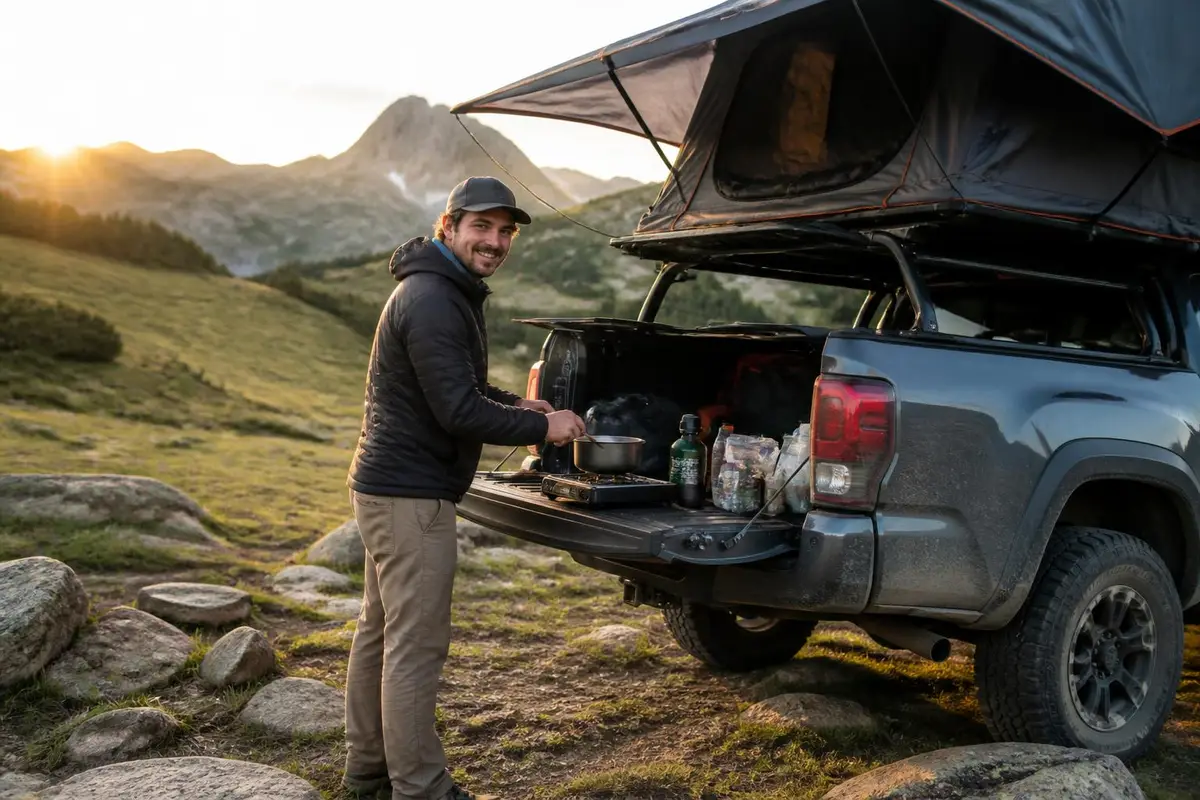 Mid-size pickup camp in the mountains