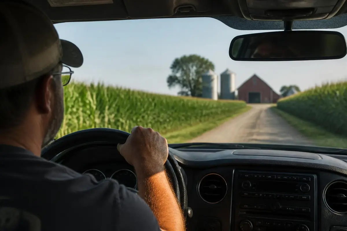 Driver's view from a full-size pickup cab on a farm road