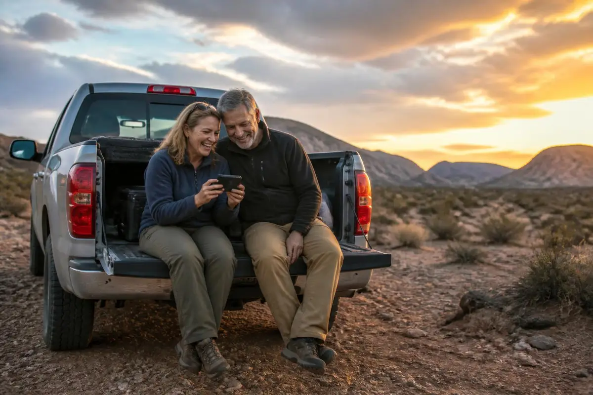 Couple checking a battery monitor at camp