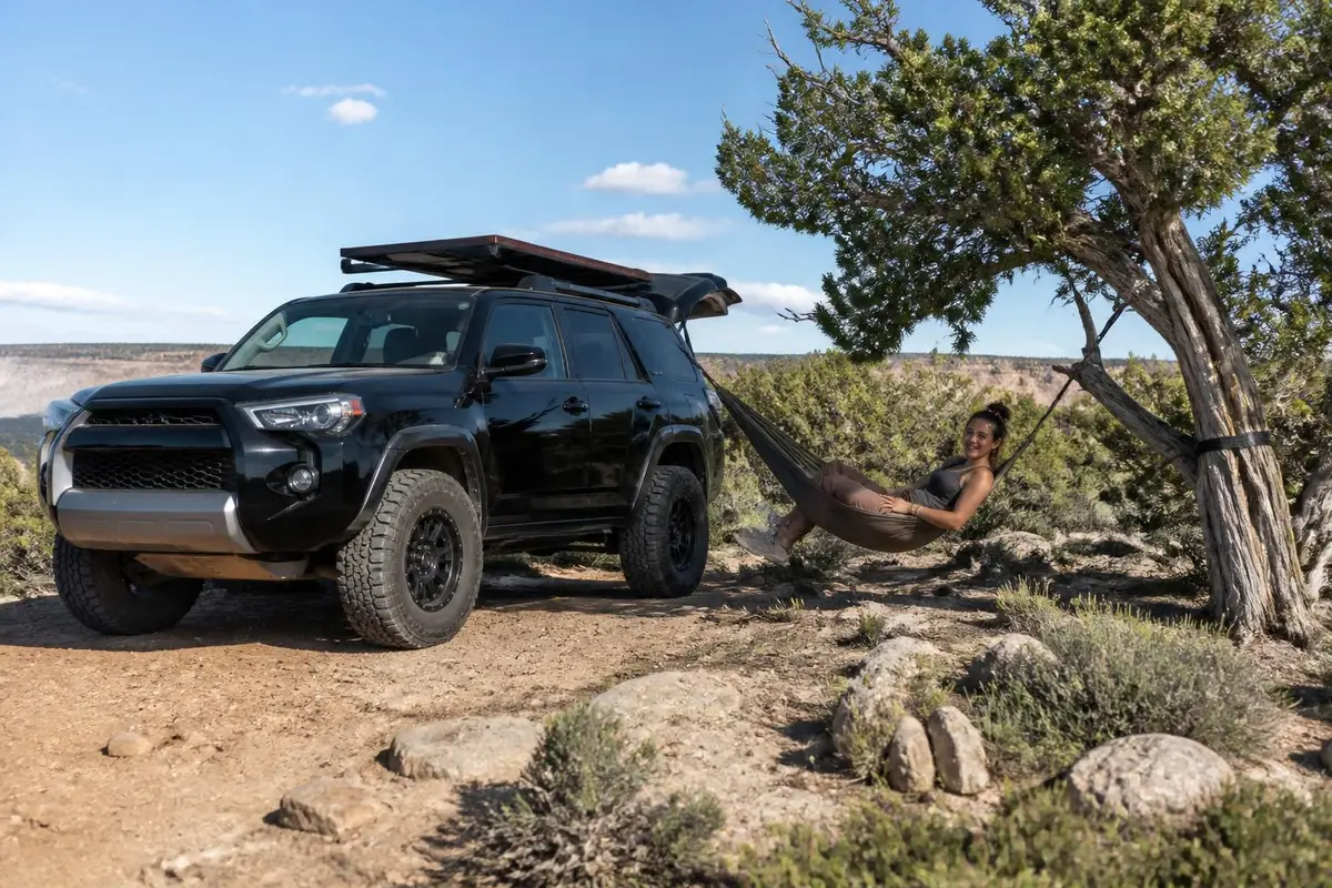 Solar panel on a roof rack at camp