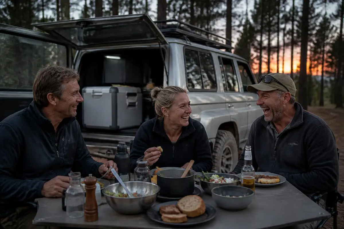 Friends sharing a meal with a fridge nearby
