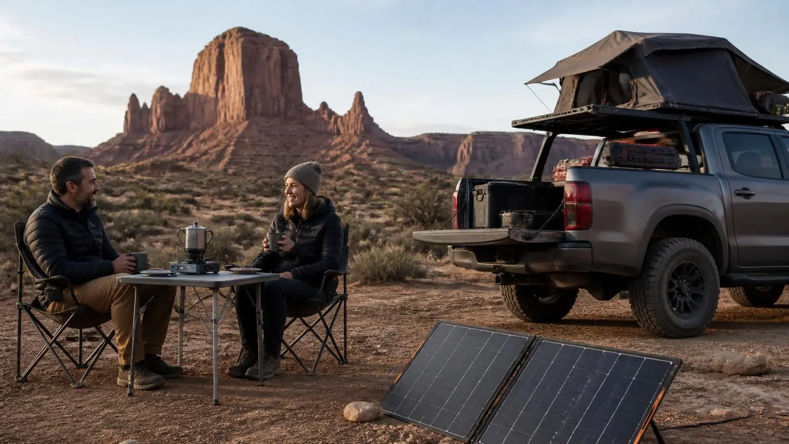 Remote multi-day camp with solar panels deployed