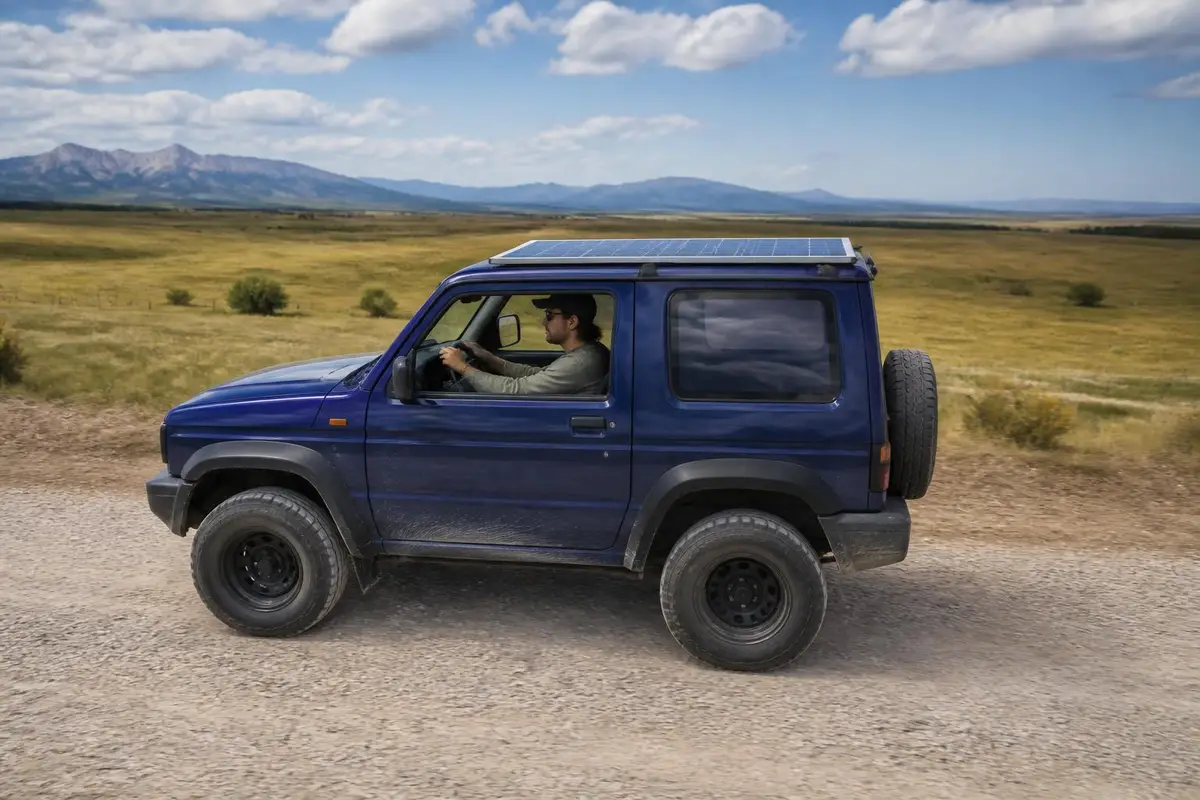 Rig driving a long gravel road charging on the move
