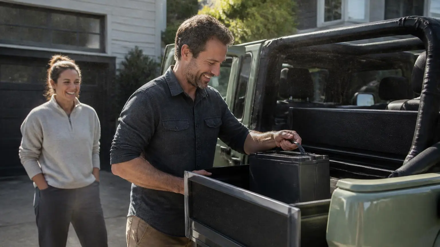 Man lifting a lightweight lithium battery into a truck