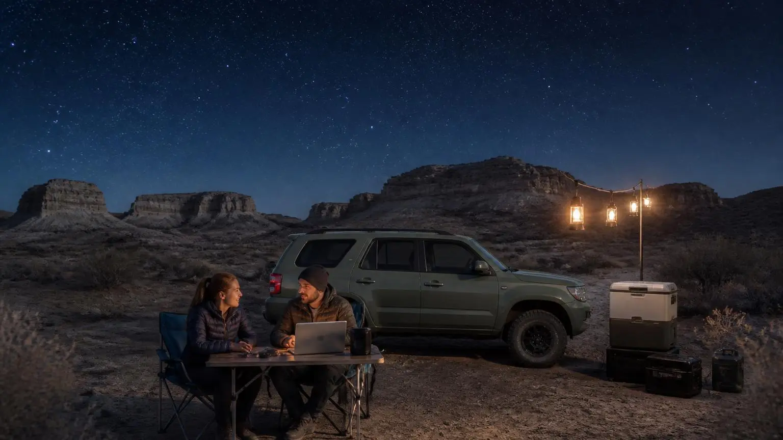 Off-grid camp powered by a battery system at night